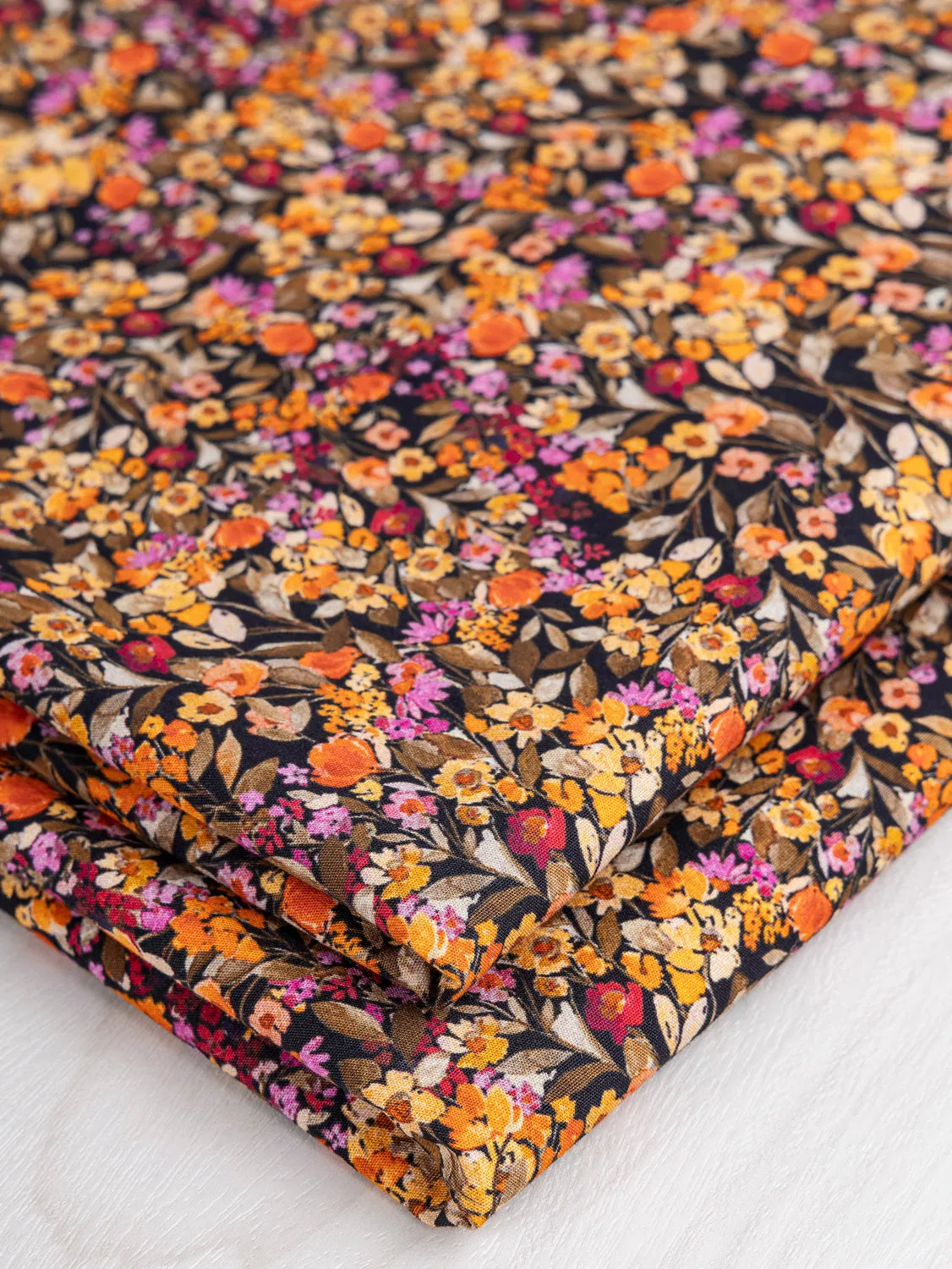 Ditzy Floral Meadow Print Cotton Poplin - Black   Yellow   Pink   Olive - Swatch
