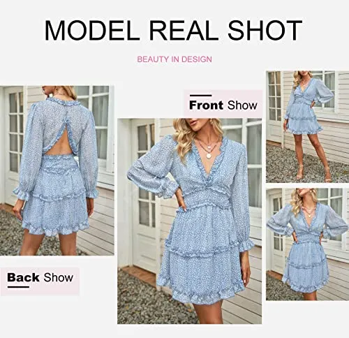 Dokotoo Women Dresses Cute Spring Boho Fall Casual Sexy Deep V Neck Ruffle Chiffon Lantern Long Sleeve Elegant Floral Printed Hawaiian Flowy Mini Short Skirt Dresses for Women Party 2022 X-Large