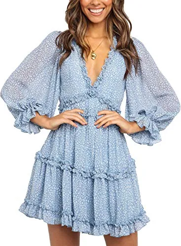 Dokotoo Women Dresses Cute Spring Boho Fall Casual Sexy Deep V Neck Ruffle Chiffon Lantern Long Sleeve Elegant Floral Printed Hawaiian Flowy Mini Short Skirt Dresses for Women Party 2022 X-Large