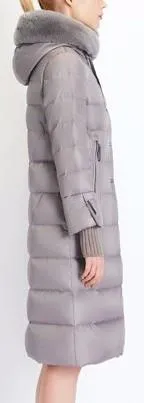 Long Puffer Coat with Rabbit Fur Hood in Grey