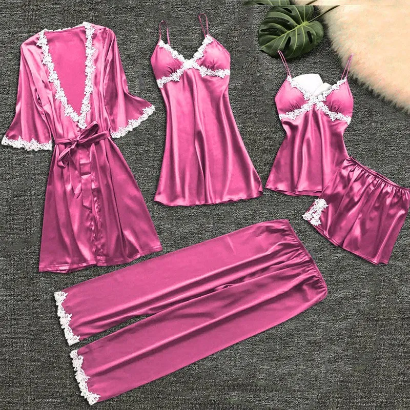 Wenkouban Sexy Women Pajamas Sets Satin Sleepwear Silk 4 Pieces Nightwear Pyjama Spaghetti Strap Lace Sleep Lounge Pijama With Chest Pads